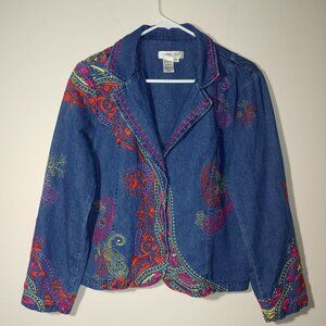 Coldwater Creek 3 Snap Buttons Front Closure Embroidered Jean Jacket Size L Blue